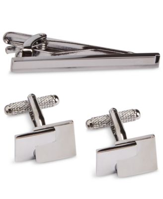Perry Ellis Portfolio - Men's Small Grid Cuff Links & Tie Bar Set