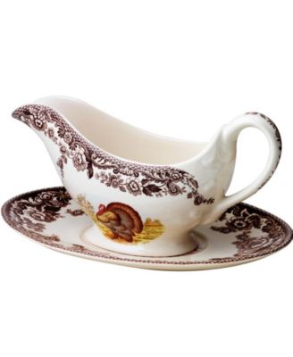 Spode - "Woodland" Turkey Gravy Boat & Stand