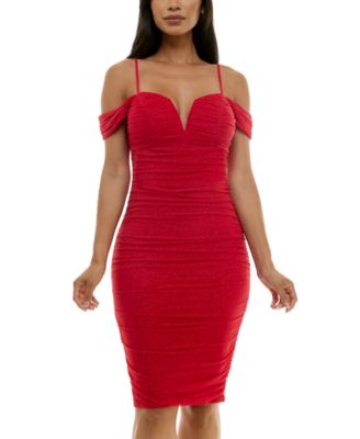 City Studios - Juniors' Cold-Shoulder Glitter-Mesh Ruched Dress