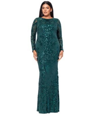 B&A By Betsy and Adam - Plus Size Sequined Long-Sleeve Sheath Gown