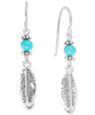 Macy's - Simulated Turquoise (13mm) & Leaf Linear Drop Earrings in Sterling Silver