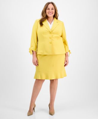 Le Suit - Plus Size Three-Button Tie-Cuff Jacket & Flounce-Hem Skirt