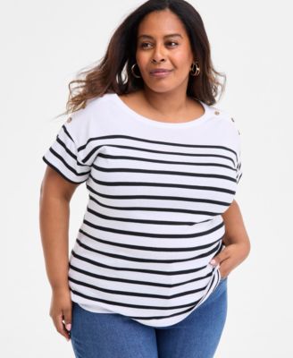 Style & Co - Plus Size Nautical Stripe Button-Trim T-Shirt