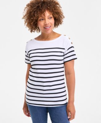 Style & Co - Women's Cotton Striped Button-Shoulder Top