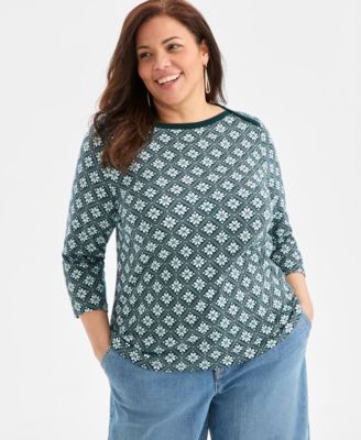Style & Co - Plus Size Printed Cotton Knit 3/4-Sleeve Top