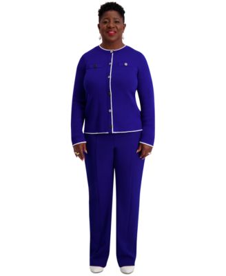 Kasper - Round-Neck Long-Sleeve Button Front Cardigan, Regular & Plus