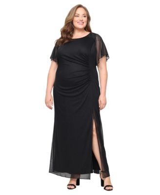 SL Fashions - Plus Size Flutter-Sleeve Side-Ruched Glitter Gown