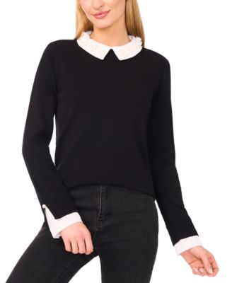 CeCe - Women's Long Sleeve Woven Collar Neck Pullover Sweater