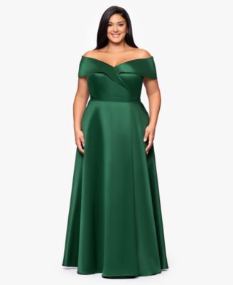 XSCAPE - Plus Size Satin Off-The-Shoulder Gown