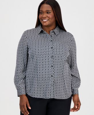Kasper - Plus Size Printed Button-Front Shirt