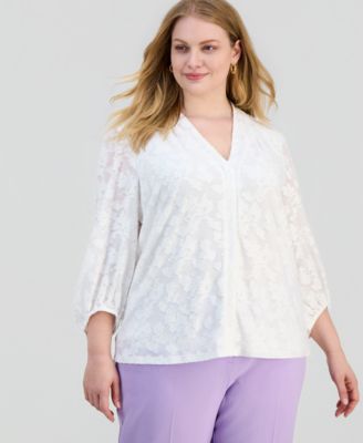 Kasper - Plus Size Burnout Floral V-Neck Blouse