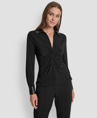 DKNY - Women's Twist-Front Contrast-Trim Pull-On Top