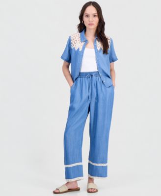 And Now This - Petite Crochet-Inset Chambray Pants