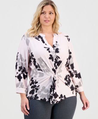 Anne Klein - Plus Size Printed Twist-Front Top