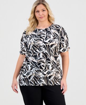 Anne Klein Essentials - Plus Size Printed Pleated-Sleeve Top