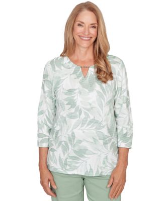 Alfred Dunner - Petite Monotone Leaf Print Split Neck Top
