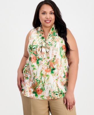 Kasper - Plus Size Printed Tie-Neck Sleeveless Blouse