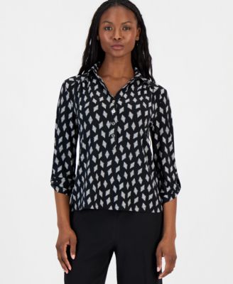 Anne Klein Essentials - Petite Printed Collared 3/4-Sleeve Top