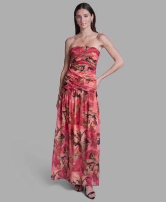BCBG - Women's Strapless Floral Print Ruched Maxi Dress