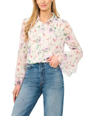 CeCe - Women's Printed Collared Long-Sleeve Shirt