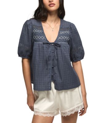 Lucky Brand - Women's Smocked Yoke Button-Down V-Neck Top