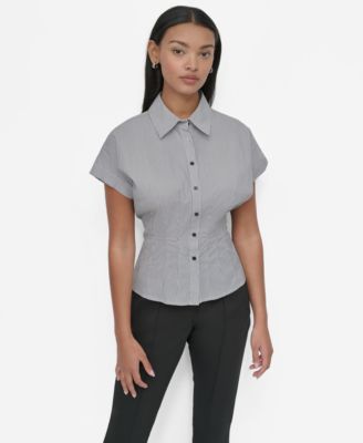 DKNY - Petite Collared Cap-Sleeve Blouse