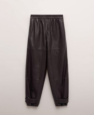 MANGO - Women's Leather Buttoned Hem Trousers
