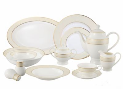 Lorren Home Trends - La Luna Bone China 57 Piece Beige Border with 24K Gold Trim Dinnerware Set, Service for 8