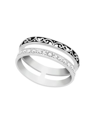 Essentials - Oxidized and Clear Crystal Double Row Band Ring in Fine Silver Plate