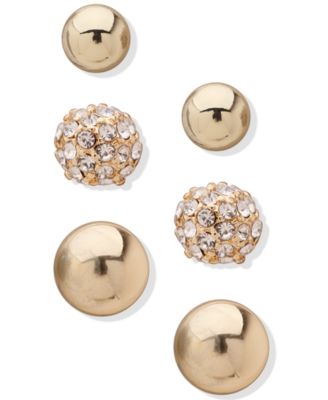 Anne Klein - Gold-Tone 3-Pc. Set Pav&eacute; Stud Earrings