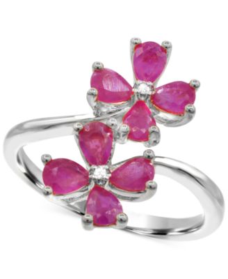 Macy's - Lab-Grown Ruby (1-3/8 ct. t.w.) & Diamond Accent Flower Bypass Ring in Sterling Silver