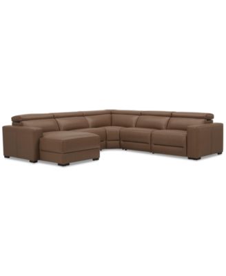 Nevio 124" 5-Pc. Leather Sectional with 1 Power Recliner, Headrests and Chaise, Created For Macy's image