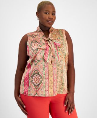 Tahari ASL - Plus Size Printed Sleeveless Bow Blouse