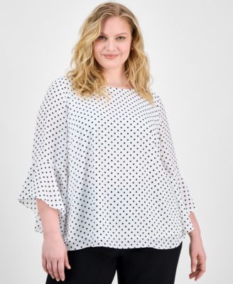 Kasper - Plus Size Polka-Dot Ruffle-Sleeve Blouse