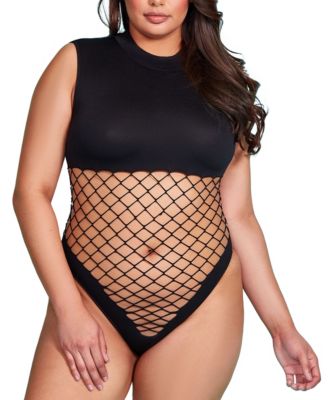 Hauty - Plus Size Fishnet Bodysuit Lingerie Patterned in Mock Neck and Lower Knit in V Cut Panty
