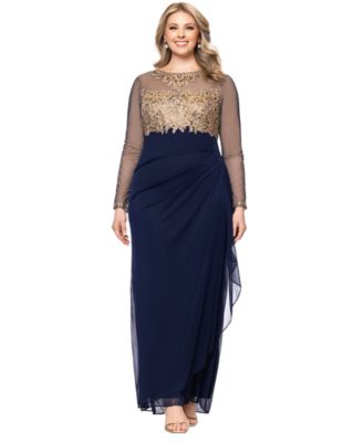 XSCAPE - Plus Size Embroidered Illusion Gown