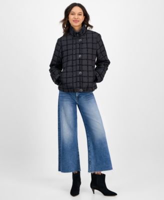 CeCe - Women's Short Boucl&eacute; Windowpane Quilted Coat