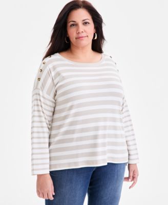 Style & Co - Plus Size Button-Trim Striped Knit Top