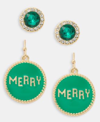 Holiday Lane - Gold-Tone 2-Pc. Set Green Merry Stud & Drop Earrings