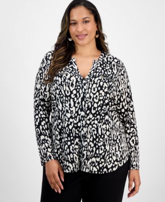 JM Collection - Plus Size Faria Stripe V-Neck Long-Sleeve Top
