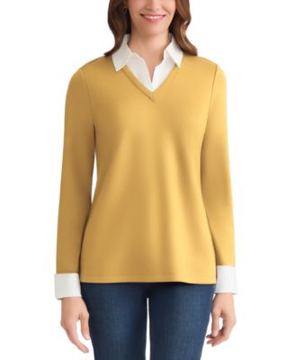 Jones New York - Petite V-Neck Long-Sleeve Two-Fer Pullover