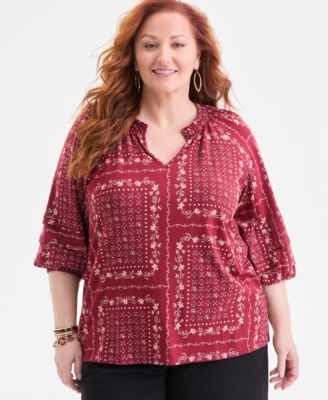 Style & Co - Plus Size Split-Neck 3/4-Sleeve Top