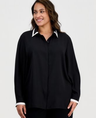 Anne Klein - Plus Size Spread-Collar Button-Front Blouse