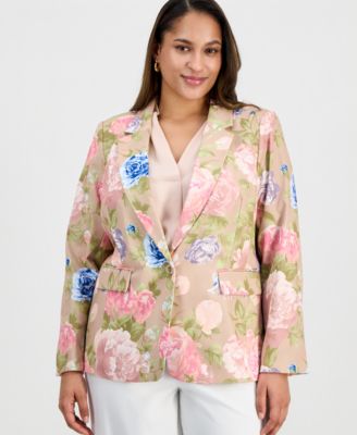 Tahari ASL - Plus Size Printed Notch-Lapel Satin Blazer