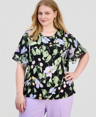 Kasper - Plus Size Floral-Print Flutter-Sleeve Top