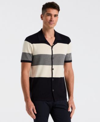 Perry Ellis - Men's Short-Sleeve Striped Button-Front Sweater