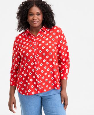 On 34th - Trendy Plus Size Printed Collared Button-Front Shirt