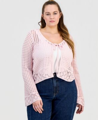 Hooked Up - Trendy Plus Size Pointelle Tie-Front Cardigan