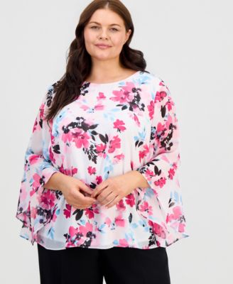 Kasper - Plus Size Floral Ruffled-Sleeve Blouse