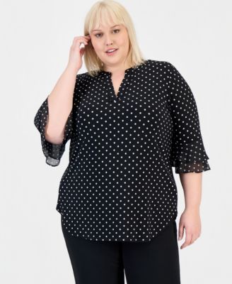Kasper - Plus Size Dot-Print Flutter-Sleeve Blouse